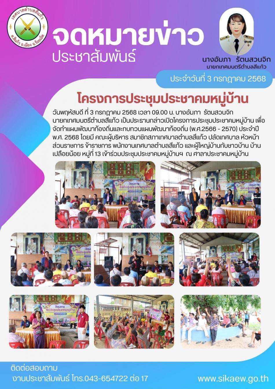 โครงการประชุมประชาคมหมู่บ้าน เพื่อจัดทำแผนพัฒนาท้องถิ่นและทบทวนแผนพัฒนาท้องถิ่น (พ.ศ.2566 - 2570) ประจำปี พ.ศ. 2568